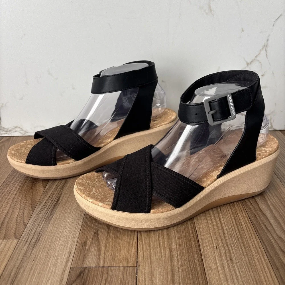 Clarks Cloudsteppers Cali Coast Wedge Black Sandal Women 9.5 Beach Boho Comfort - Picture 2 of 12